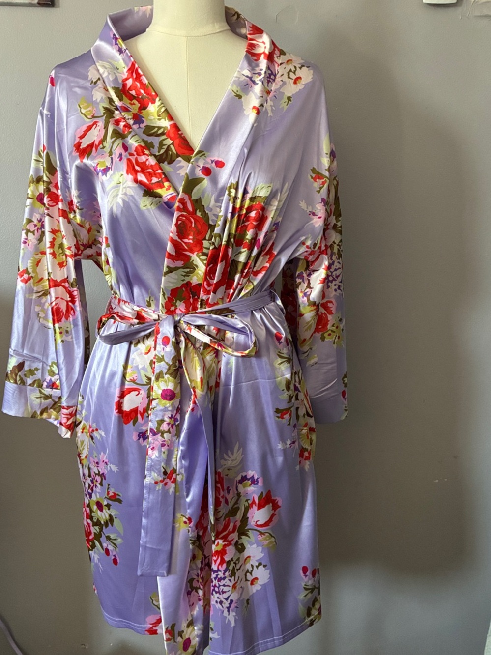 Lavender Floral Satin Wrap Robe with Self-Tie Belt